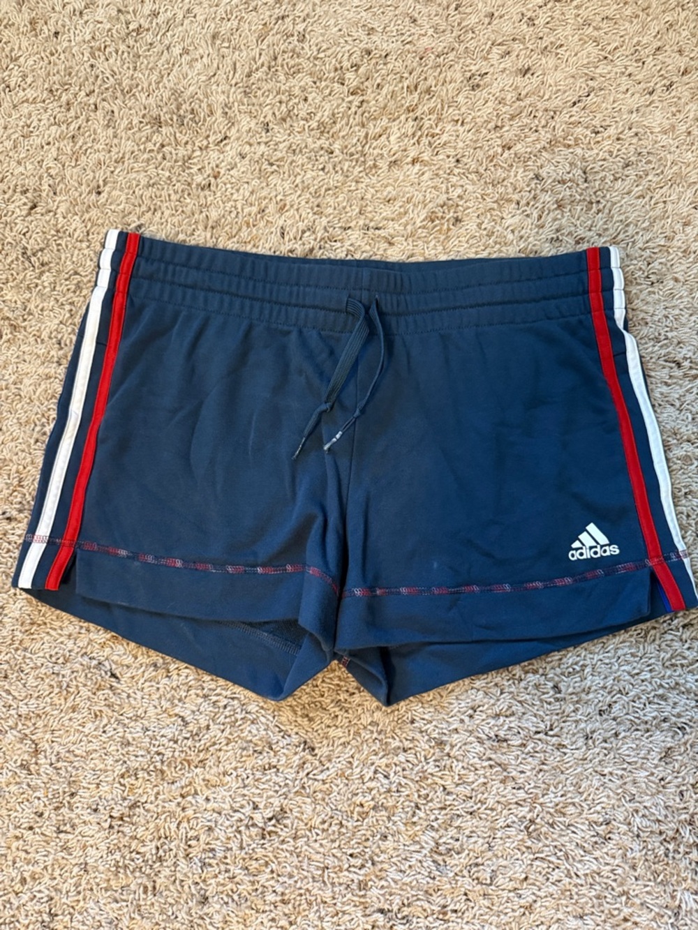 adidas women’s Navy Athletic Shorts with Red & Cream Side Stripes